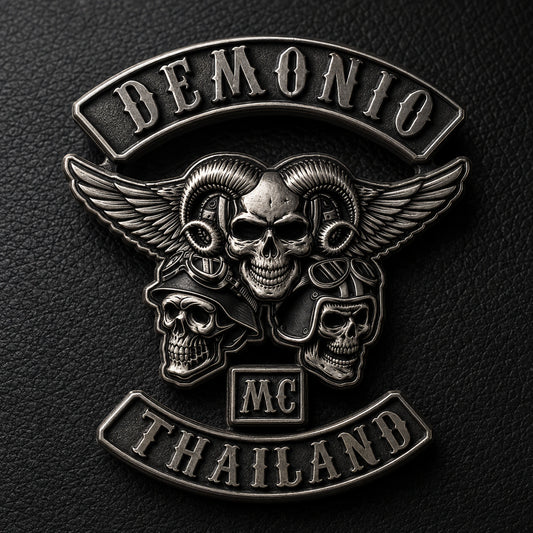 Connected black nickel DEMONIO motorcycle club pin with sculpted horned skulls and layered wings.