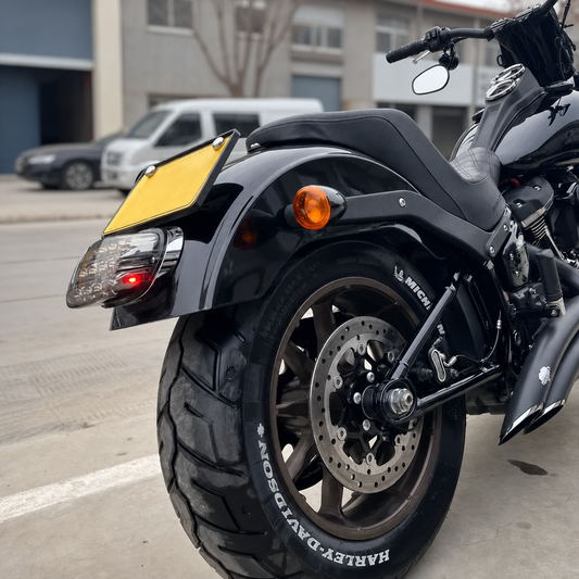 BLACK3 license plate bracket installed on compatible Harley-Davidson motorcycle