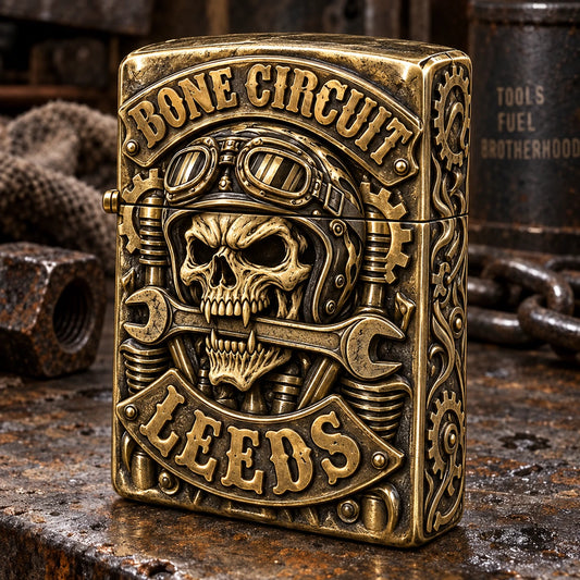 Bone Circuit motorcycle club lighter built as a solid-brass skull engine with crossed-wrench side architecture.