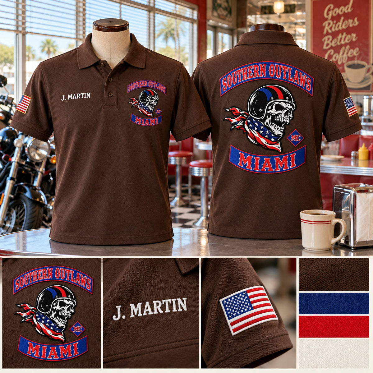 Brown Southern Outlaws Miami motorcycle club polo samples show a large back logo, member name and sleeve embroidery at a retro diner counter.