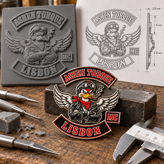 ASHEN TORQUE relief proof, side-profile drawing and finished 3D pin on a designer workbench.