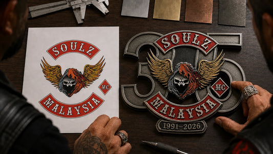 Club officer reviewing an anniversary badge proof combining the official logo, milestone number and years.