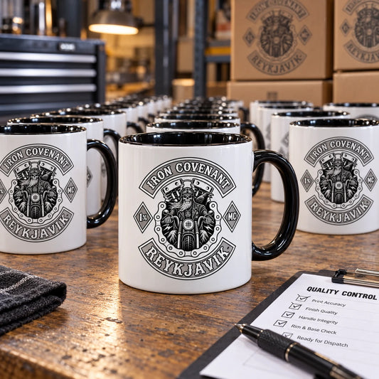 Orderly production line of complete matching mugs, every visible mug carrying the club emblem, ready for bulk quality inspection.