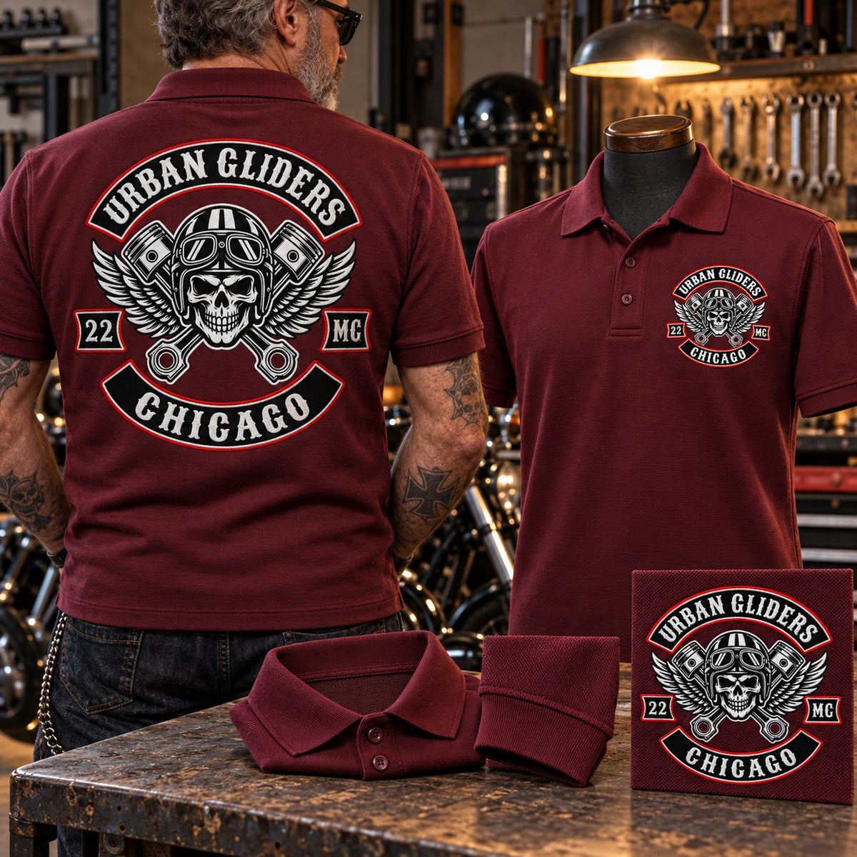 Burgundy Urban Gliders Chicago motorcycle club polo samples highlight cuff construction, collar, chest embroidery and a large back logo.