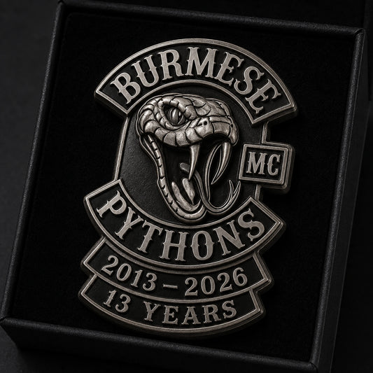 Burmese Pythons motorcycle club one-piece metal pin with connected rockers, sculpted snake and 13-year anniversary plates.