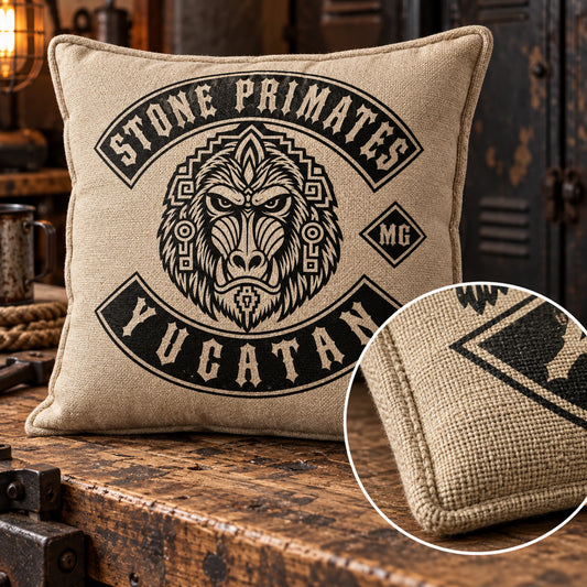 Rugged canvas motorcycle club cushion with a custom logo in an industrial clubhouse.