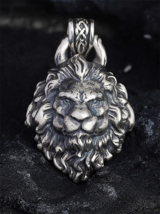 carved lion head sterling silver biker pendant product view 1