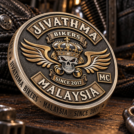 Custom edge engraving on a motorcycle club challenge coin.