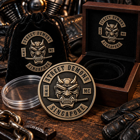 Motorcycle club challenge coin presentation packaging options.