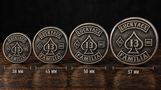 Motorcycle club challenge coin sizes compared from 38 to 57 millimeters.