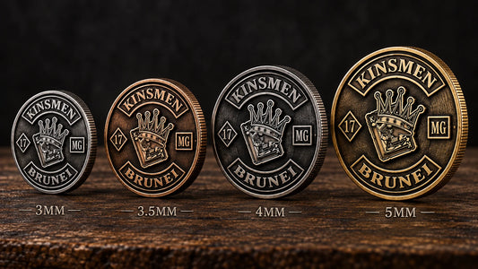 Motorcycle club challenge coin thickness options shown from the side.