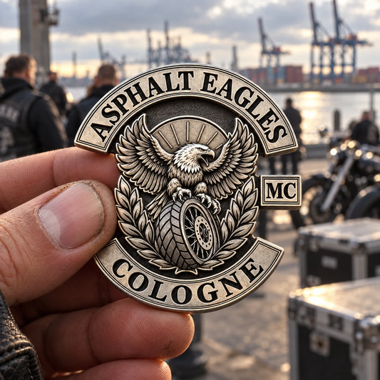 Antique silver ASPHALT EAGLES chapter pin held at a harbor motorcycle meeting point.