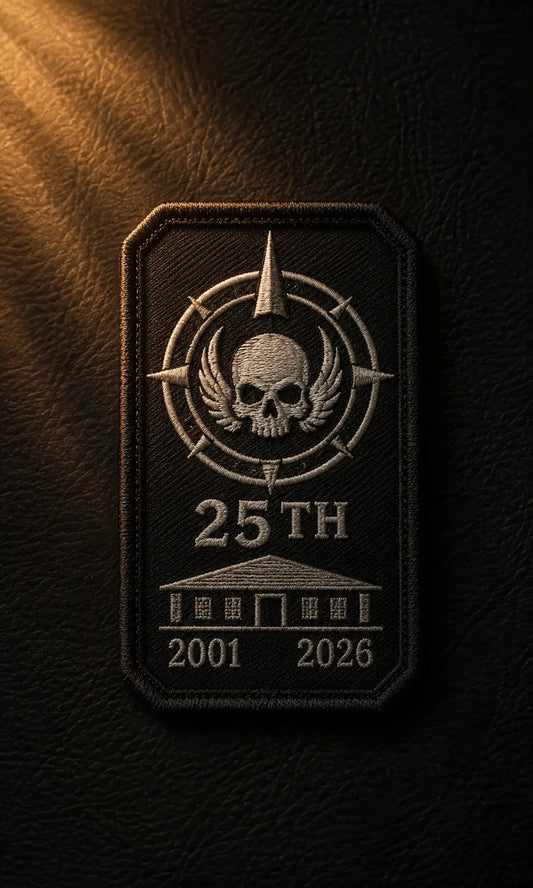 Vertical embroidered motorcycle club chapter anniversary patch featuring a clubhouse heritage design and 25th milestone.