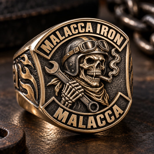 Chapter Anniversary Rings designed from an authorized motorcycle club emblem in White Copper + Brass natural metal tones.