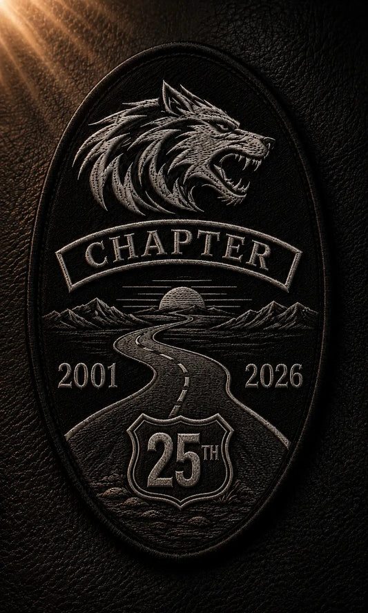 Vertical motorcycle club chapter anniversary patch with a winding road, club logo and 25th milestone details.
