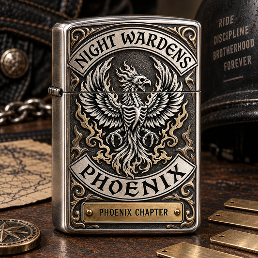 Phoenix chapter-edition motorcycle club lighter with an interchangeable location plate.