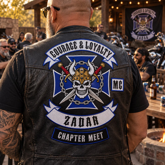 Custom motorcycle club event patch featuring the courage loyalty zadar logo for chapter gathering.