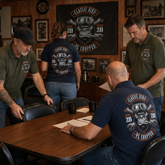 Classic Bike chapter members prepare a meeting in olive and navy polos with visible left chest emblems and large back logos.