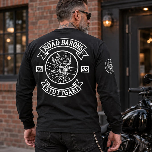 Custom motorcycle club long-sleeve shirt emphasizing chapter name and location details.