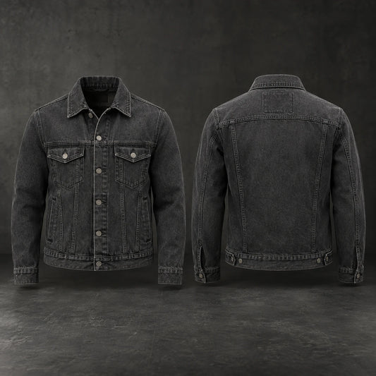 Charcoal-grey motorcycle club denim jacket with a muted wash.