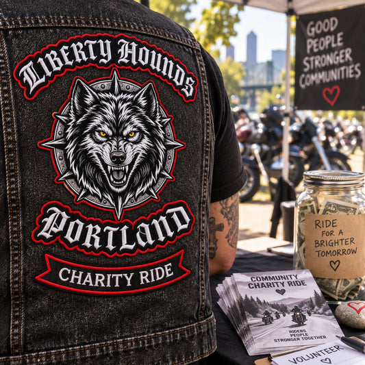Custom motorcycle club event patch featuring the liberty hounds portland logo for community charity ride.