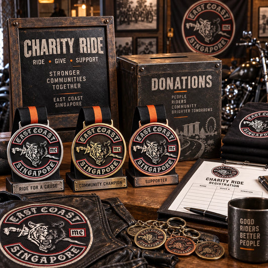 Charity ride recognition table with solid medal and donation-event materials. Custom motorcycle club medal.