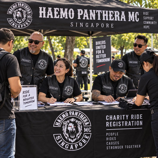 Motorcycle club officers wearing rank patches at a charity ride.