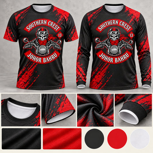 Custom motorcycle club shirt styles and fabric details arranged for selection.