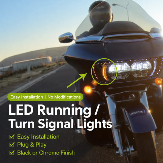 Ciro LED running and turn signal lights installed on a Harley Road Glide front fairing