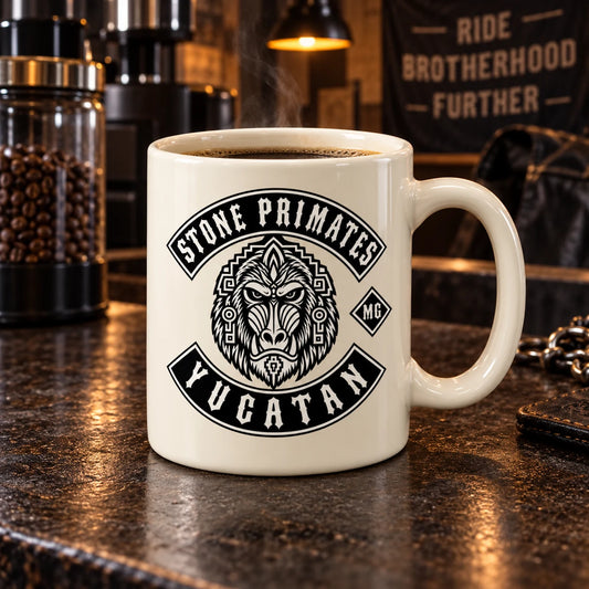 Complete classic cream ceramic coffee mug with thick handle, centered club emblem, photographed on a dark clubhouse coffee counter.