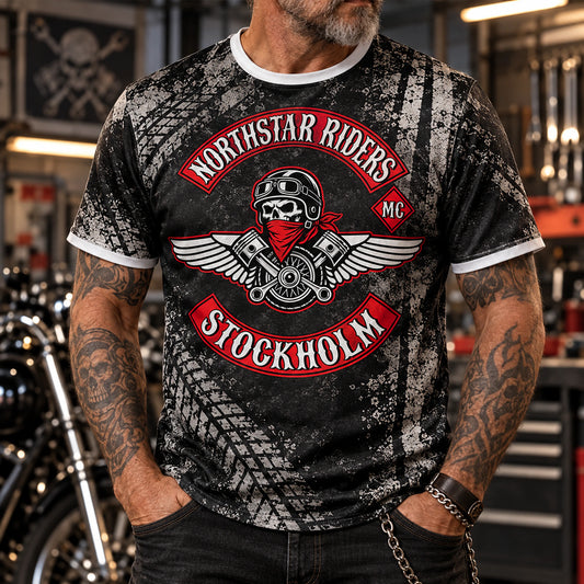 Classic black and charcoal all-over print motorcycle club performance T-shirt.