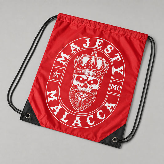 Classic lightweight motorcycle club drawstring bag prepared for rally registration packs.