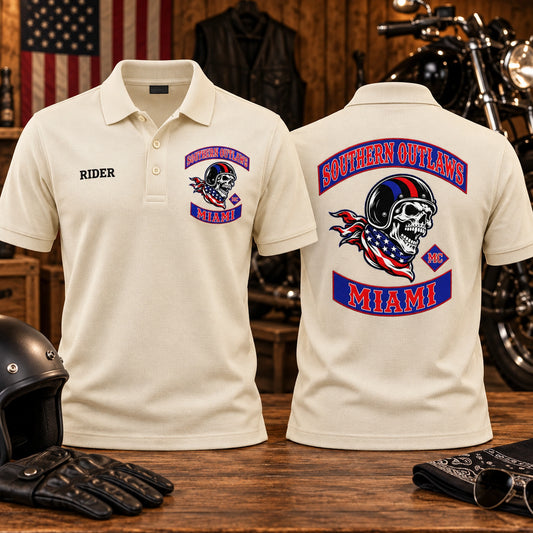 Cream Southern Outlaws Miami motorcycle club piqué polo samples show structured collars, textured fabric, chest embroidery and a large back logo.