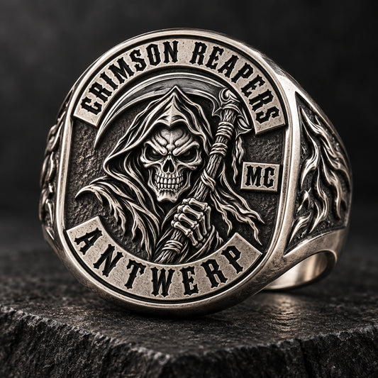 Classic Signet Rings designed from an authorized motorcycle club emblem in 925 Sterling Silver natural metal tones.
