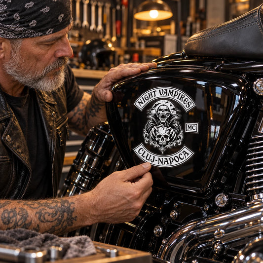 Rider inspecting a clear-background club logo sticker blended into a gloss black motorcycle side cover.