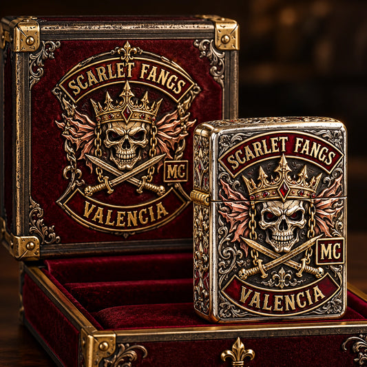 Anniversary motorcycle club lighter with authorized emblem and milestone details
