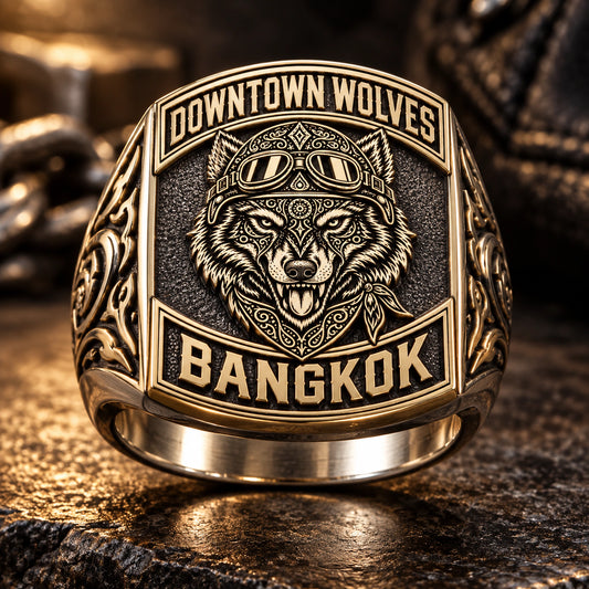 Club Anniversary Rings designed from an authorized motorcycle club emblem in 925 Sterling Silver + 18K Gold-Plated natural metal tones.