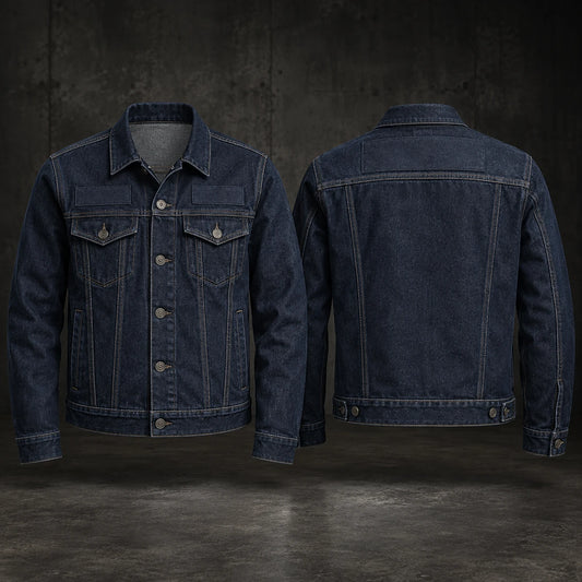 Blank dark-indigo denim jacket arranged for coordinated club and chapter wear.