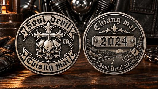 Front and back design of a custom motorcycle club challenge coin.