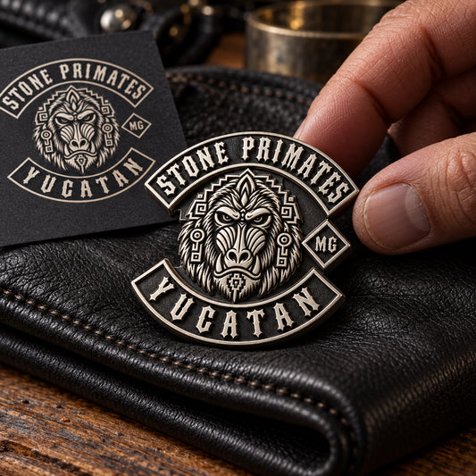 Antique silver STONE PRIMATES club emblem pin with deeply sculpted primate relief on folded leather.