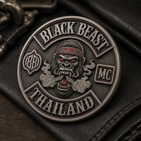 One-piece antique silver BLACK BEAST motorcycle club pin with deeply sculpted primate relief on black leather.