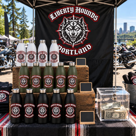 organized unattended merchandise stand with logo bottle lineup at a motorcycle community event for a motorcycle club.
