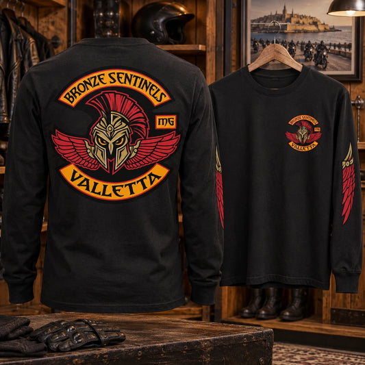 Custom long-sleeve motorcycle club shirt showing coordinated chest, back and sleeve identity.