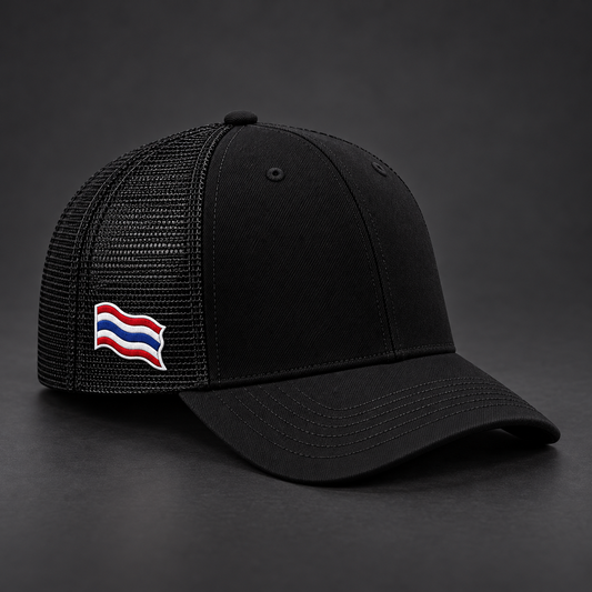 Opposite side view of the same black River Jackals trucker hat with only the supporting color motif.