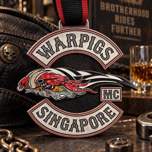 Solid outer silhouette following the approved club emblem without holes. Custom motorcycle club medal.