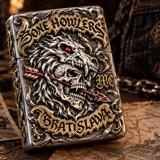 Custom club member lighter with a sculpted authorized motorcycle club emblem