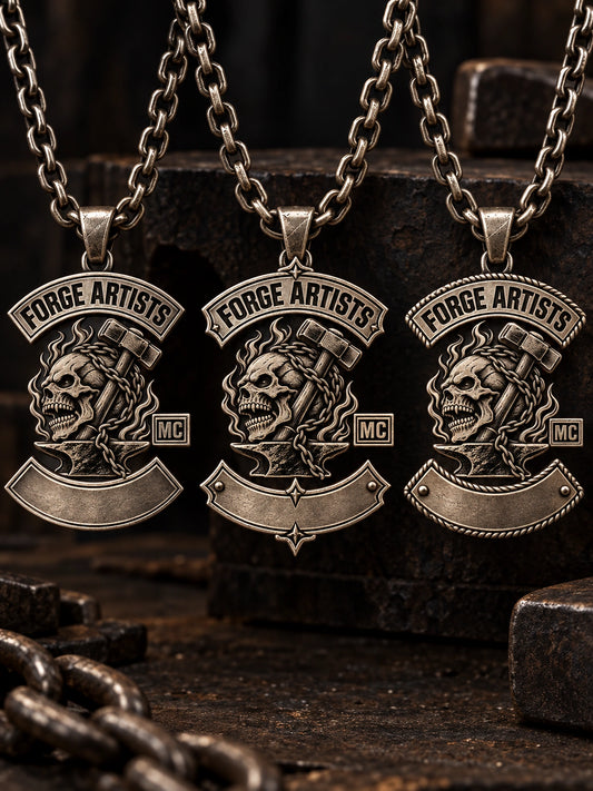 Chapter Pendants represented by a unique custom motorcycle-club pendant with complete chain and sculptural mixed-metal architecture.