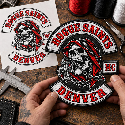 Custom motorcycle club event patch featuring the rogue saints denver logo for approved club logo translated to embroidery.