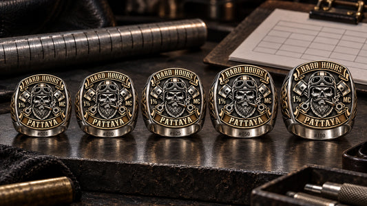 Different Members. Different Sizes. One Club Design. designed from an authorized motorcycle club emblem in 925 Sterling Silver + Brass natural metal tones.
