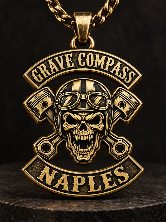 Grave Compass club patch artwork redesigned as a solid brass pendant.